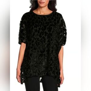 Caroline Rose Shimmering Leopard Pattern Velvet Black Devore Caftan Tunic: Small